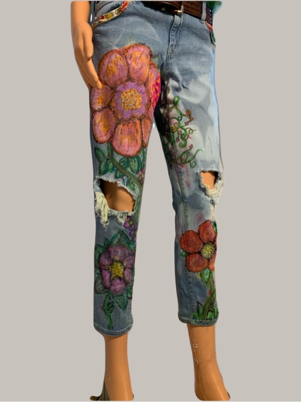 Hand-Painted Floral Light Wash Women's Jeans - Pink & Orange Accents - Picture 2 of 12